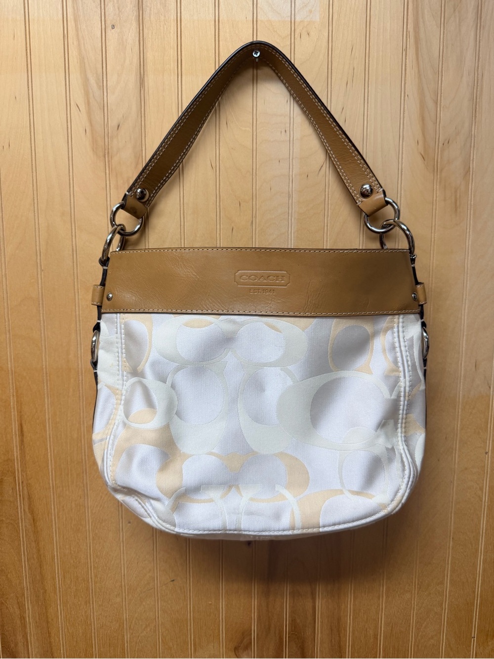 COACH White & Tan Signature Shoulder Bag